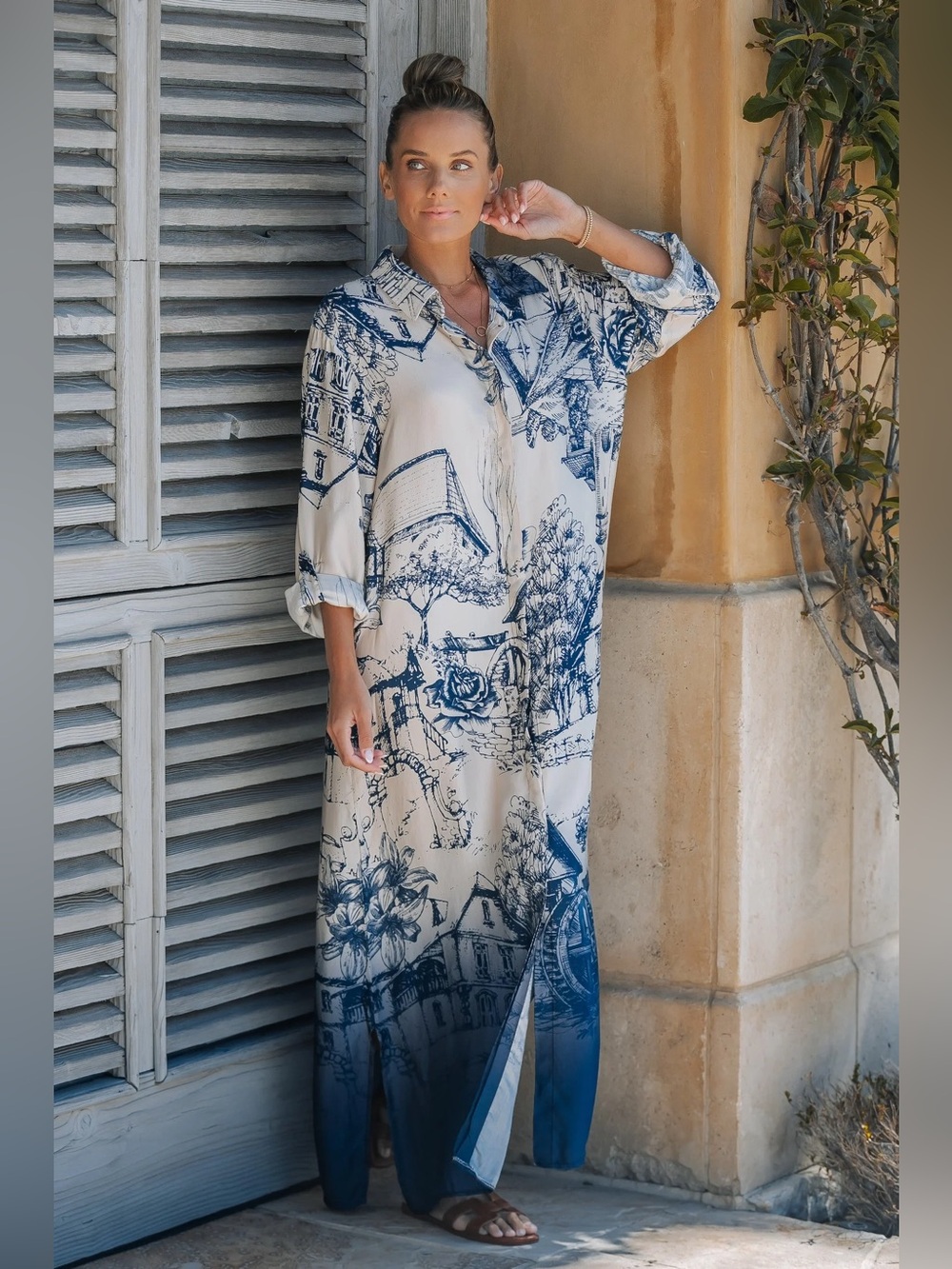 NWT Navy and White Printed Maxi Shirt Dress | Chic Vacation Dress